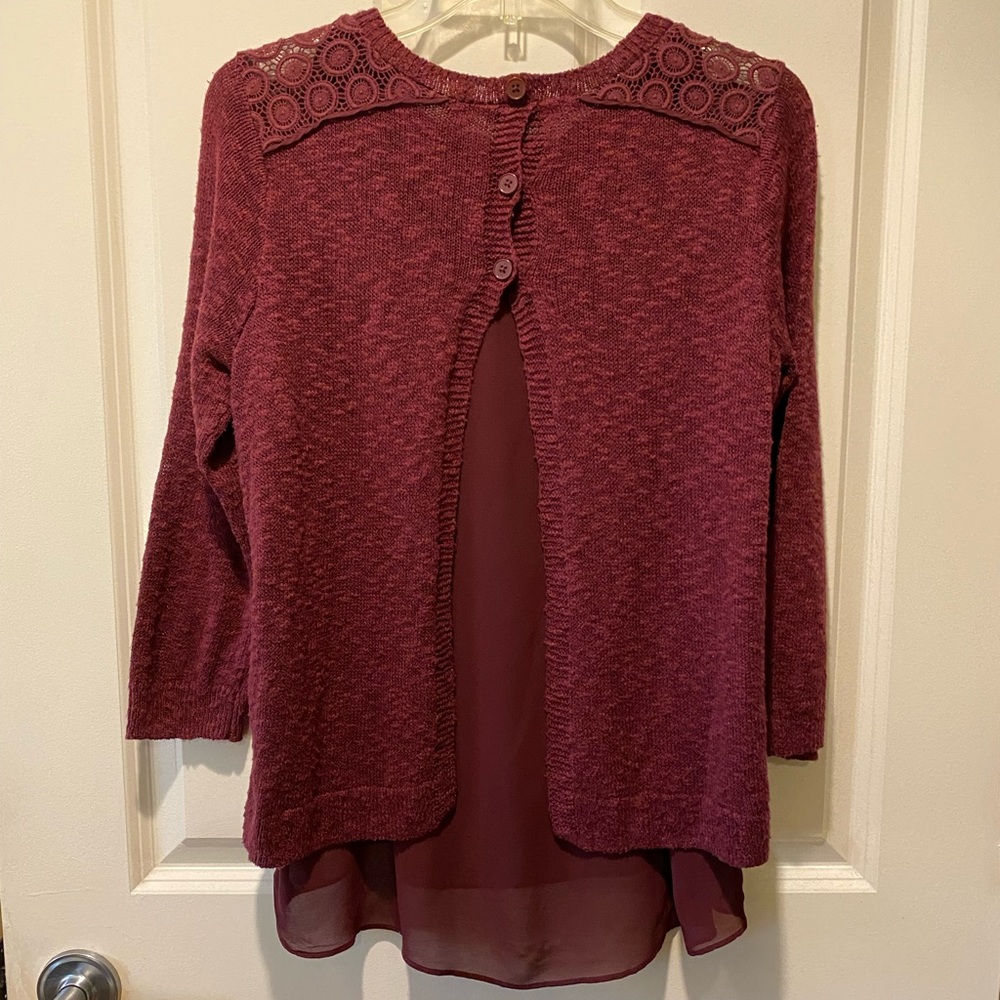 Lucky Brand▪️Burgundy Lined Lace Front Split Back Cotton/Linen Sweater Sz S. - Picture 2 of 5